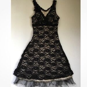 Trixxi Dress Black Lace Overlay Fit Flare Taffeta Whimsigoth USA Dark Fairy